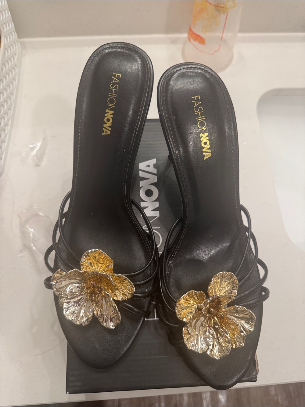 Fashion Nova Black Strappy Mules with Gold Floral Accent